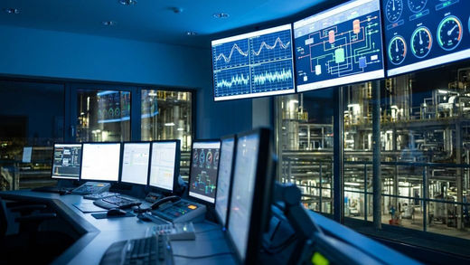 Sala de controle industrial com painéis de monitoramento de processo