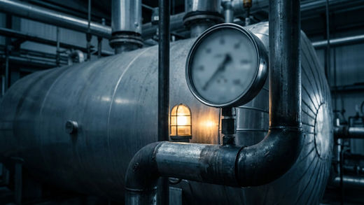 Sistema industrial pressurizado com um manômetro em foco, tubulação e vaso de pressão