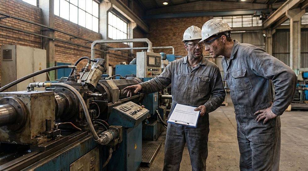 Dois operadores conversando ao lado de uma máquina durante a troca de turno em uma fábrica