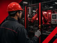 Imagem de um trabalhador operando uma máquina. Ela está enclausurada, e ele está utilizando os EPIS corretos.