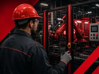 Imagem de um trabalhador operando uma máquina. Ela está enclausurada, e ele está utilizando os EPIS corretos.