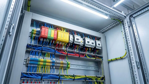 Painel elétrico industrial com relés de segurança e borneira, em máquina de produção