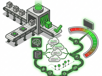 A modern tech graphic on a clean white background using dark gray and vibrant green accents, contrasting traditional QA with probabilistic AI testing. On the left, an isometric assembly line factory conveyor belt represents binary "pass/fail" testing with structured boxes. On the right, a dynamic, glowing green flowchart represents an LLM testing loop, feeding unstructured data into a curved evaluation gauge with a needle indicating a high statistical score.