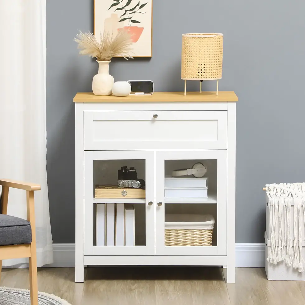 APARADOR DE COCINA MODERNO CON PUERTAS DE VIDRIO – BLANCO Y MADERA