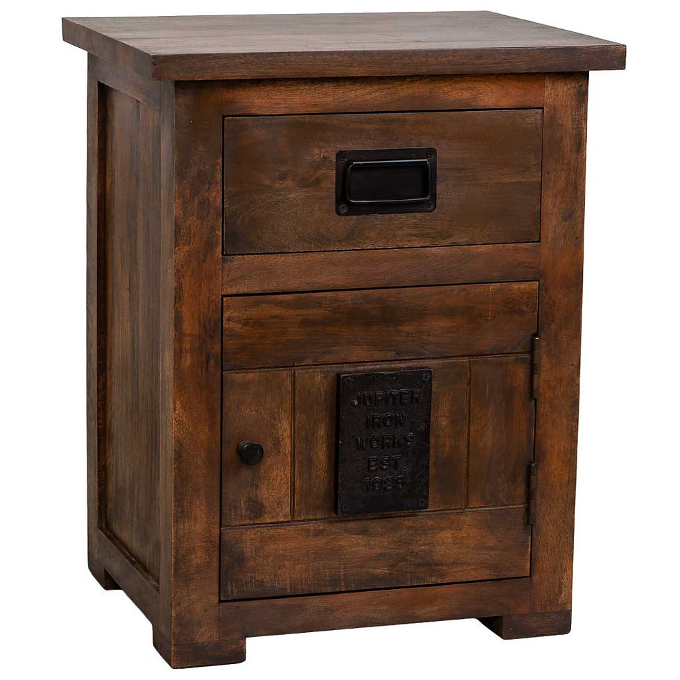 MESITA ÓXIDO ARTESANAL DE MADERA MACIZA CON 1 PUERTA Y 1 CAJÓN