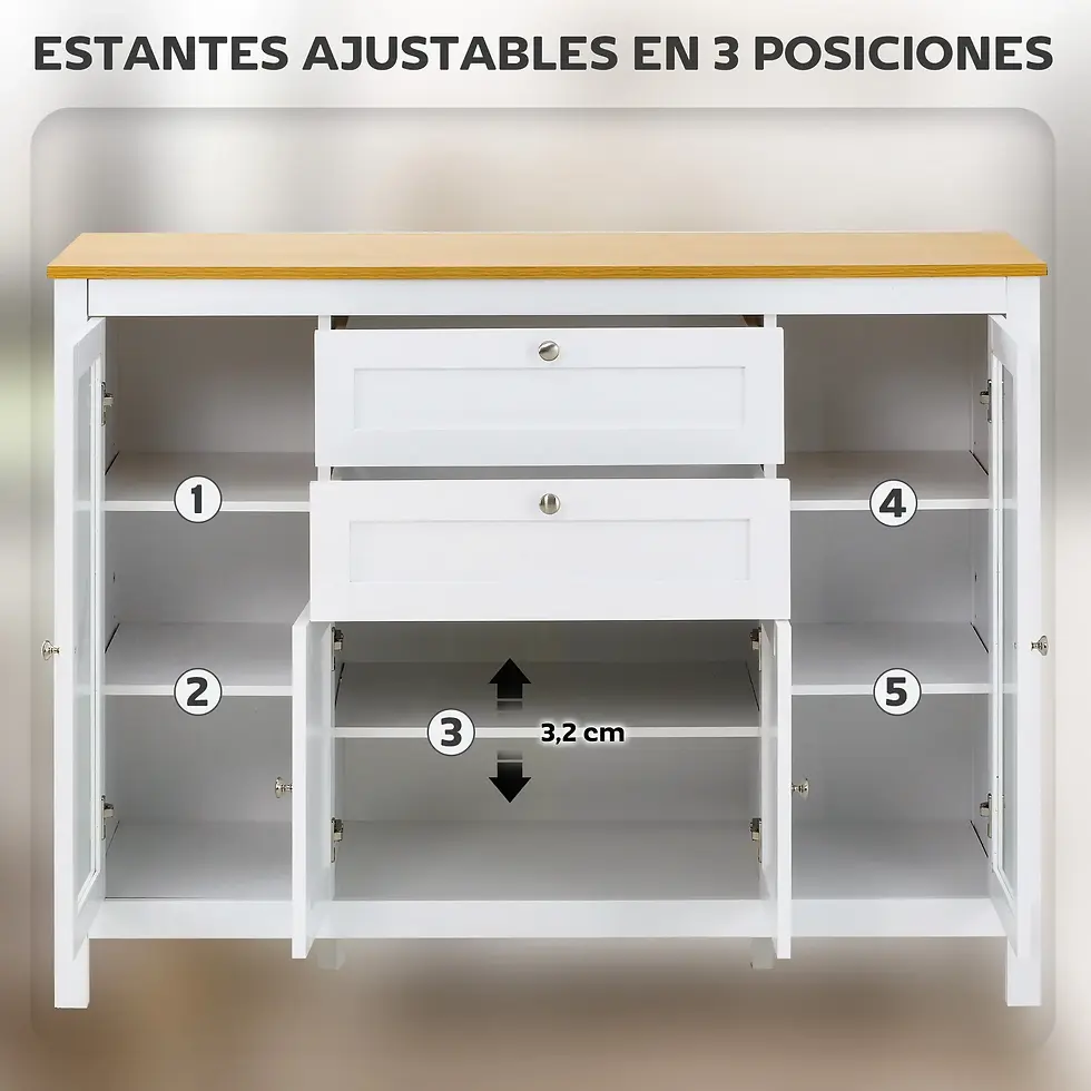 APARADOR DE COCINA BLANCO CON PUERTAS DE VIDRIO Y CAJONES – MODELO CLASSIC