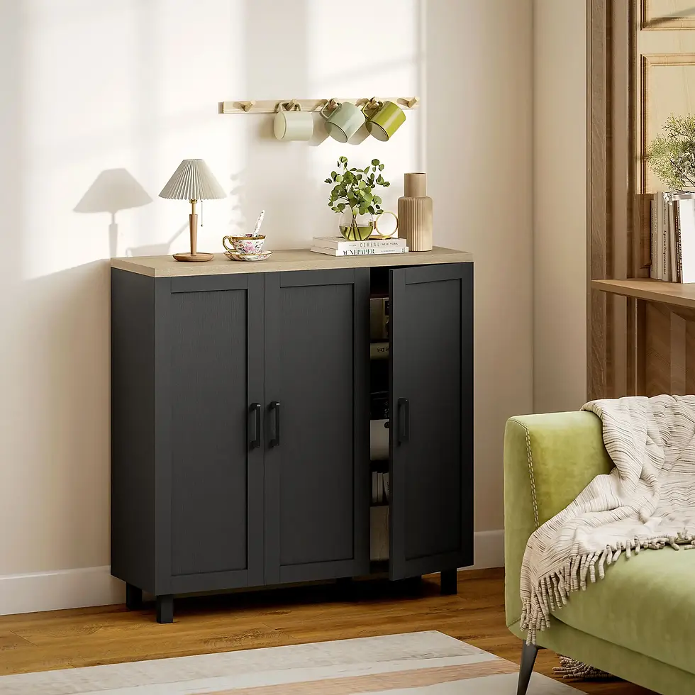 APARADOR DE SALÓN MODERNO CON 3 PUERTAS – NEGRO Y MADERA NATURAL