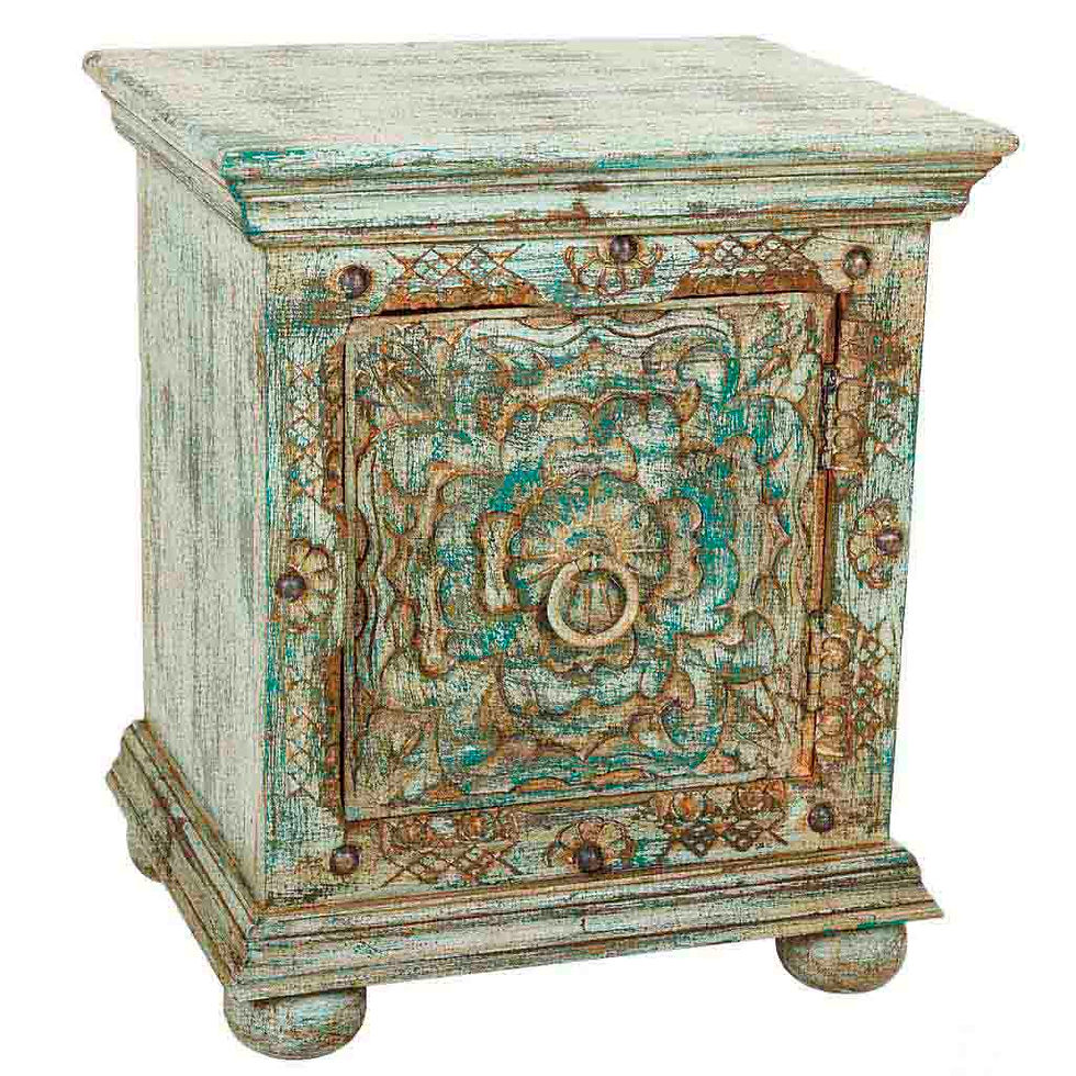 MESITA DE NOCHE DALIAN ARTESANAL DE MADERA TALLADA VERDE AGUAMARINA