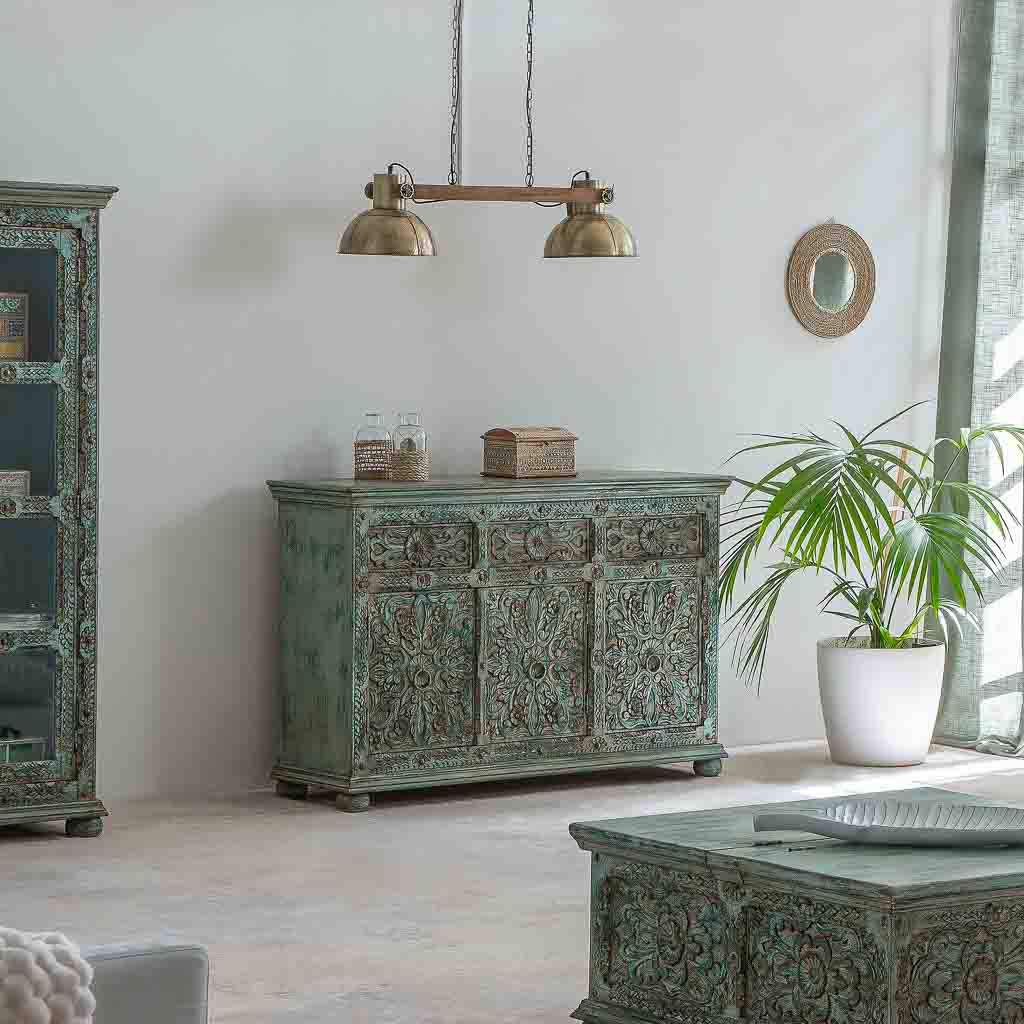 APARADOR DALIAN ARTESANAL DE MADERA TALLADA VERDE AGUAMARINA