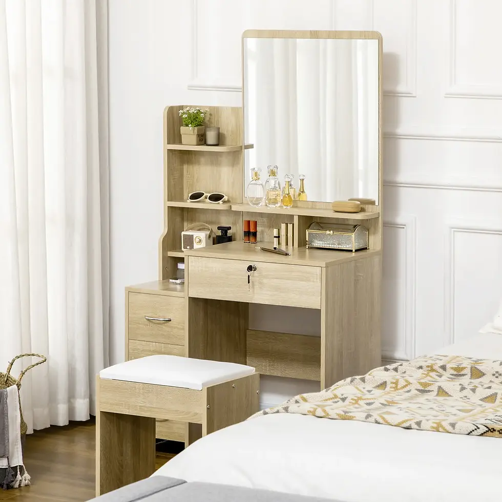 TOCADOR DE MAQUILLAJE NATURAL CHIC 4 CAJONES CON TABURETE