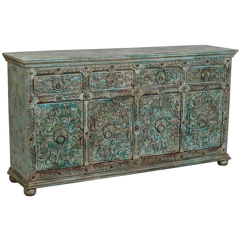APARADOR DALIAN AQUA GREEN CARVED ARTESANAL