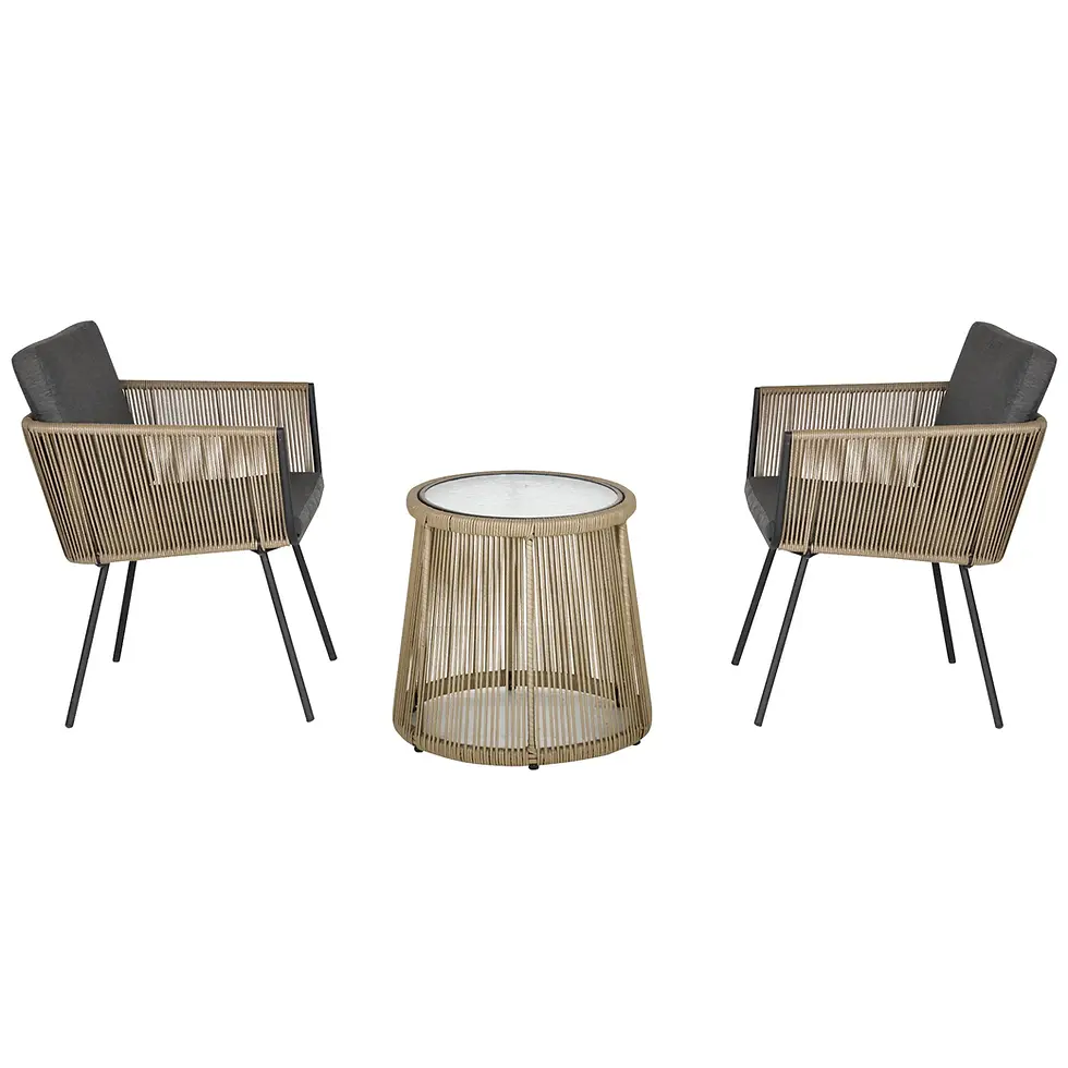 CONJUNTO DE JARDÍN RATÁN CAFÉ Y GRIS 2 SILLAS + MESA CRISTAL – MODELO SIENA