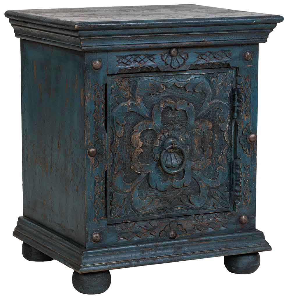 MESITA DE NOCHE 1P DALIAN ARTESANAL AZUL PATINADO DE MADERA