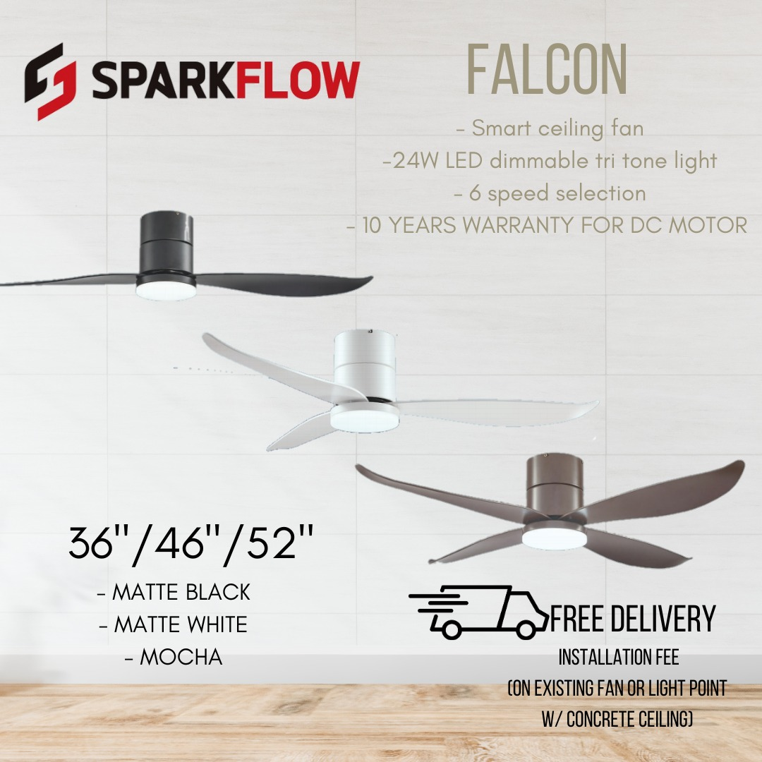 Falcon Smart ceiling fan with installation 24W tritone dimmable led lights singa