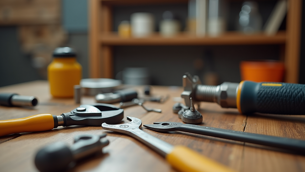 Eye-level view of a basic home repair toolkit laid out on a wooden table