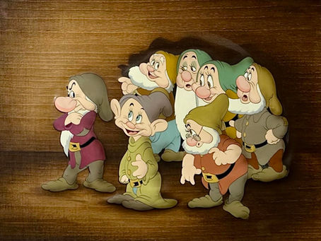 Original Production Animation Cels of Dopey, Grumpy, Bashful, Doc, Sleepy, Sneezy, and Happy from "Snow White and the Seven Dwarfs," 1937