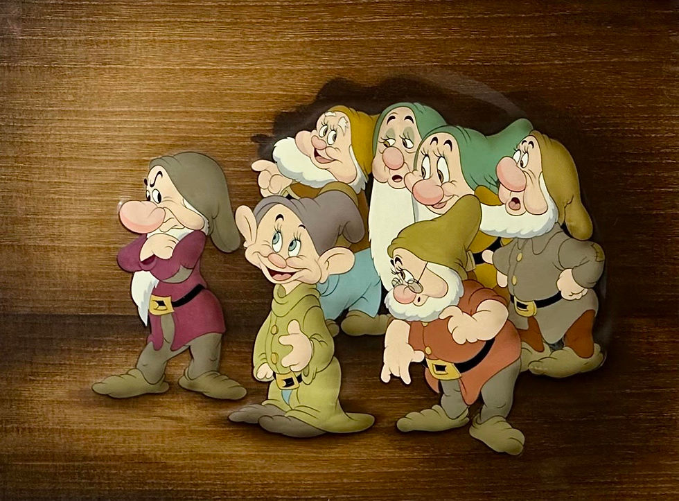 Original Production Animation Cels of Dopey, Grumpy, Bashful, Doc, Sleepy, Sneezy, and Happy from "Snow White and the Seven Dwarfs," 1937