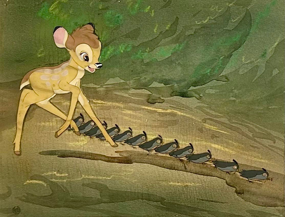 Original Production Animation Cel Setup of Bambi and Twelve Quail from "Bambi," 1942