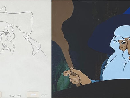 Original hand painted production animation cel of Gandalf with the matching original production animation drawing from "The Lord of the Rings," 1978
