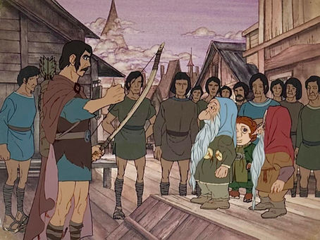 Original Key Setup of hand painted production animation cels of Bilbo, Thorin, Balin, Bard, and Eleven Men of Lake-town from "The Hobbit," 1977