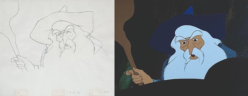 Original hand painted production animation cel of Gandalf with the matching original production animation drawing from "The Lord of the Rings," 1978