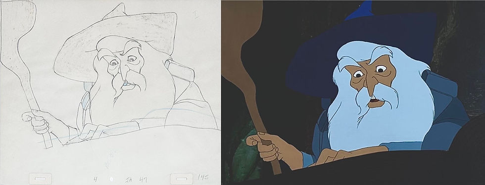 Original hand painted production animation cel of Gandalf with the matching original production animation drawing from "The Lord of the Rings," 1978