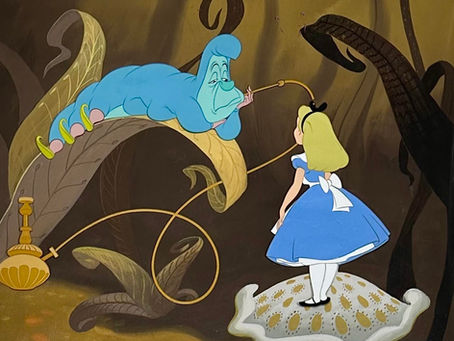 Original Production Animation Cels of Alice and The Caterpillar on A Preliminary Production Background from "Alice In Wonderland," 1951
