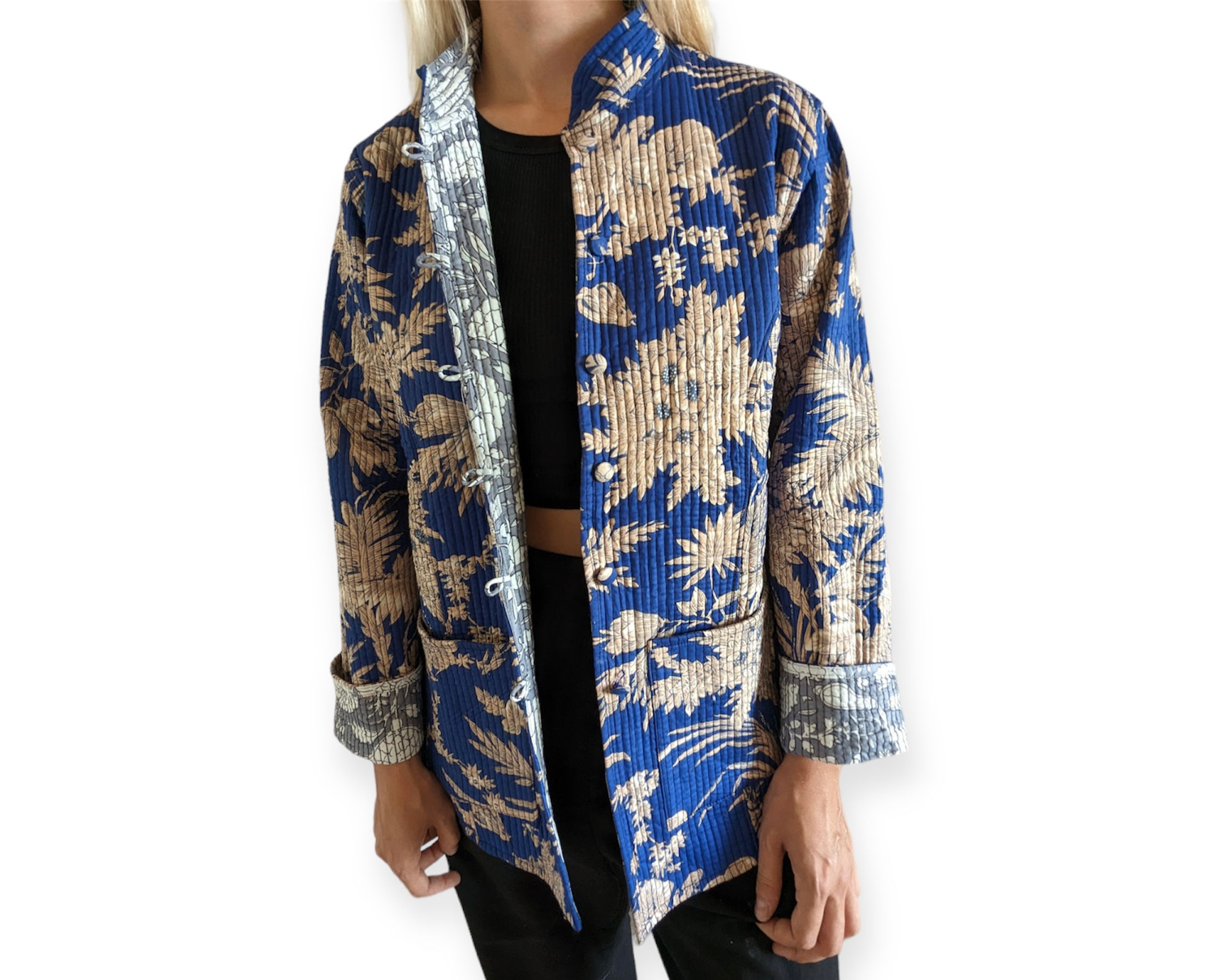 Kimono coton réversible création fleur bleu
