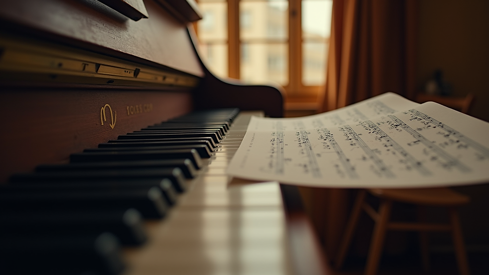 Eye-level view of a piano with sheet music