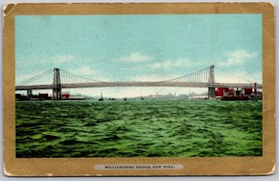 a vintage postcard depicting a colorized painting of a suspension bridge with towers at each end spanning a wide river of green choppy water