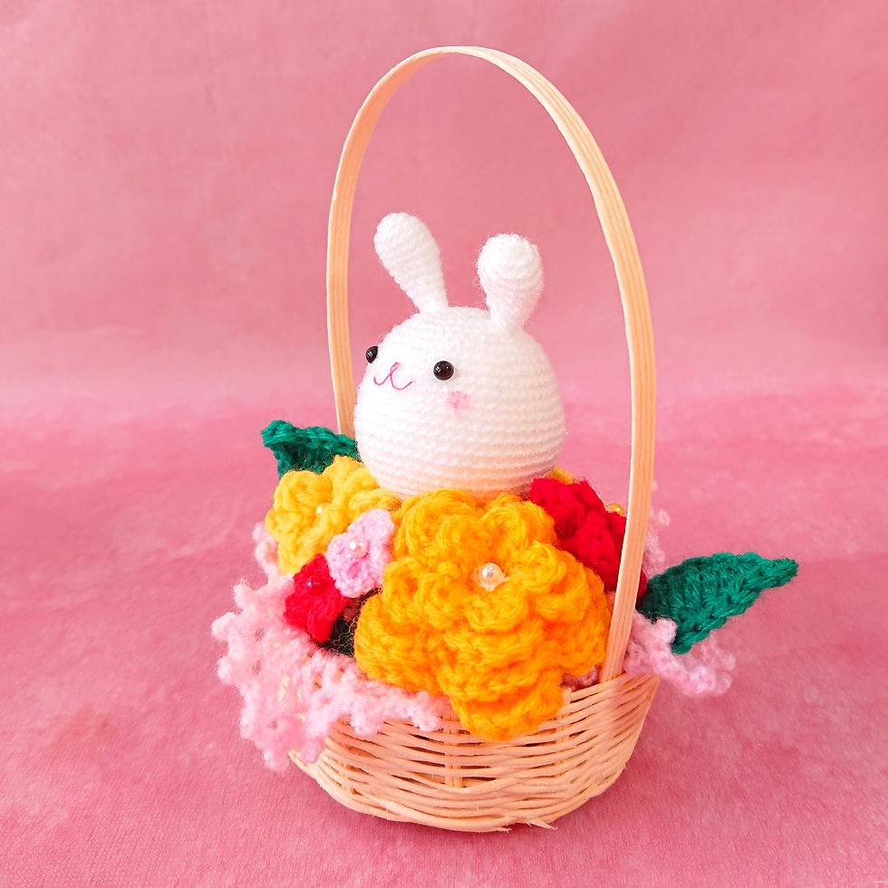 サムネイル： ニットの花かご　うさぎ　横