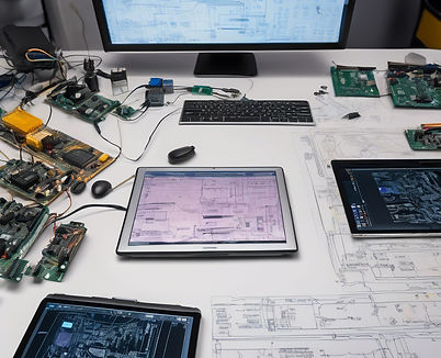 Professional embedded systems workspace_ engineers writing custom firmware and code on lap