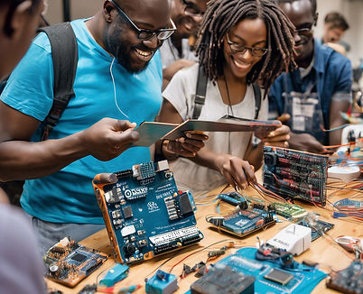 Friendly Arduino electronics workshop scene_ Africa experts guiding hobbyists and professi