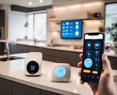 Smart home IoT scene_ phone and voice assistant controlling lights, appliances, and securi