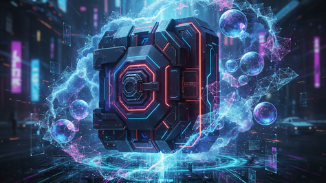Cyberpunk-themed illustration of a secure digital vault protected by quantum-safe encryption, featuring neon colours, glowing circuit patterns, and abstract quantum computing elements like qubits and waveforms, with a futuristic and edgy design.