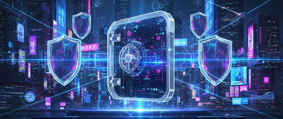 Cyberpunk-style wide landscape illustration of a secure digital vault surrounded by glowing shields and quantum-safe encryption symbols, set against a futuristic cityscape with neon lights and digital patterns, representing ICA Consultancy's cybersecurity and PQC services.