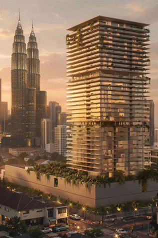 Concept rendering of a mixed-use residential tower in downtown Kuala Lumpur featuring lush tropical terraces, an elevated public garden, and architecture inspired by traditional Malaysian coastal piers.