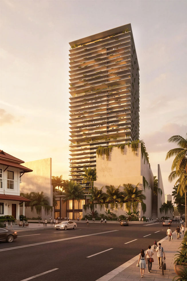 Concept rendering of a mixed-use residential tower in downtown Kuala Lumpur featuring lush tropical terraces, an elevated public garden, and architecture inspired by traditional Malaysian coastal piers.