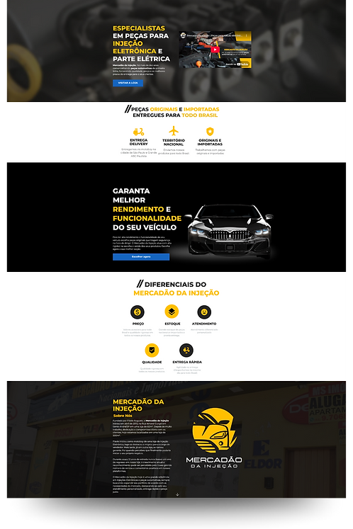 : Layout de homepage com visual escuro e foco em contraste e navegação intuitiva.