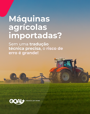 Trator vermelho em campo com texto sobre tradução técnica para máquinas agrícolas importadas.