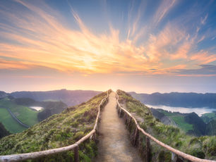 Mountain landscape with hiking trail and view of beautiful lakes Ponta Delgada, Sao Miguel Island, Azores, Portugal.