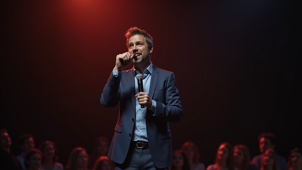Eye-level view of a comedian on stage delivering a punchline