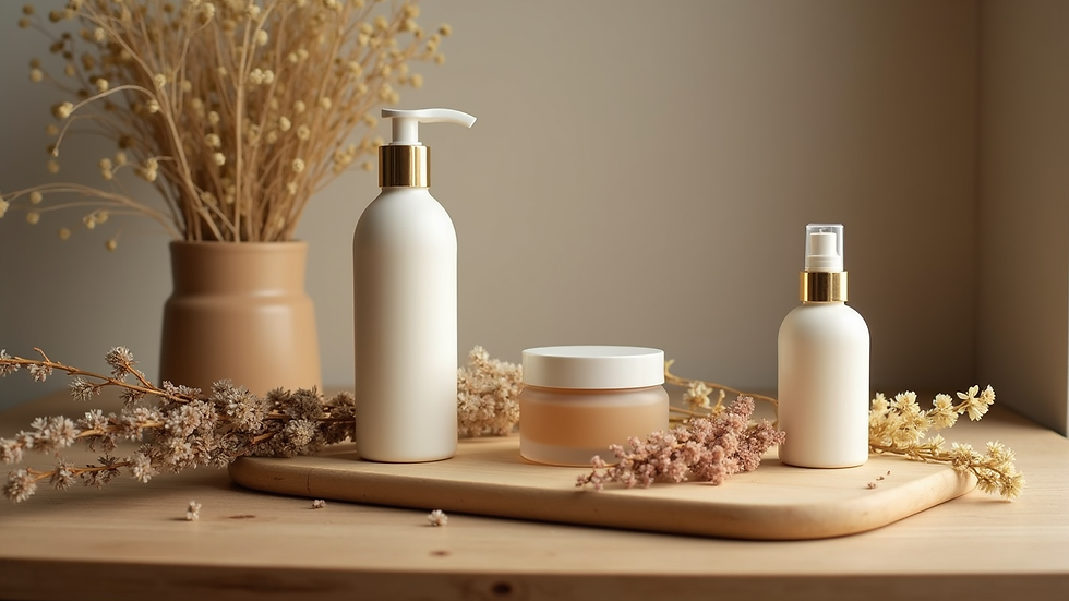 Eye-level view of a wooden table with handmade beauty products and dried flowers