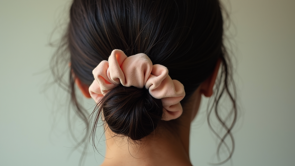 Eye-level view of a loose bun secured with a soft scrunchie on natural hair