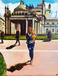 a girl holds her dog in front of a palace in Brighton.