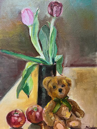 Teddy bear toy, tulips and apples