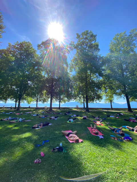 Cours de yoga vinyasa en plein air au bord du lac à Morges