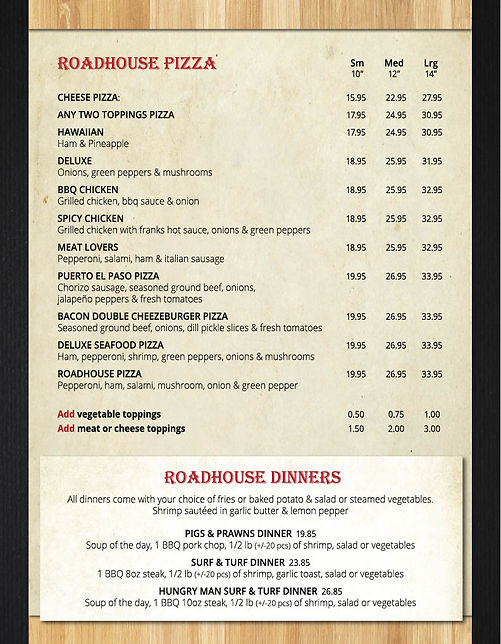 Rycroft Roadhouse Licensed Restaurant Main Menu