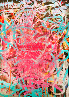 A limited edition affordable piece of art. it is a graffitied design with a love heart in the middle. inside the love heart it says 'Crazy for Love' strong pink and aqua blue tones run through the art.