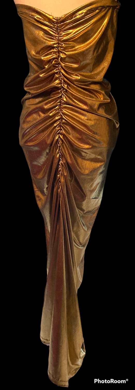 Thumbnail: Gold ruffled back tube dress